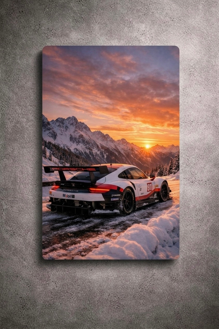 "Alpine Sunrise" – Porsche 911 RSR Metal Poster